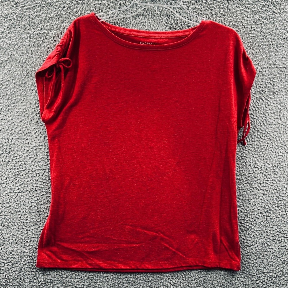 Talbots Womens Linen Knit Top L Red Drawstring Sleeve Classic Summer Polished